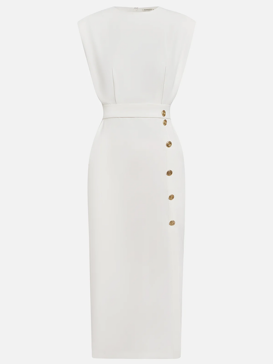  Female model wearing a refined dress with a flattering midi line on a plain background.