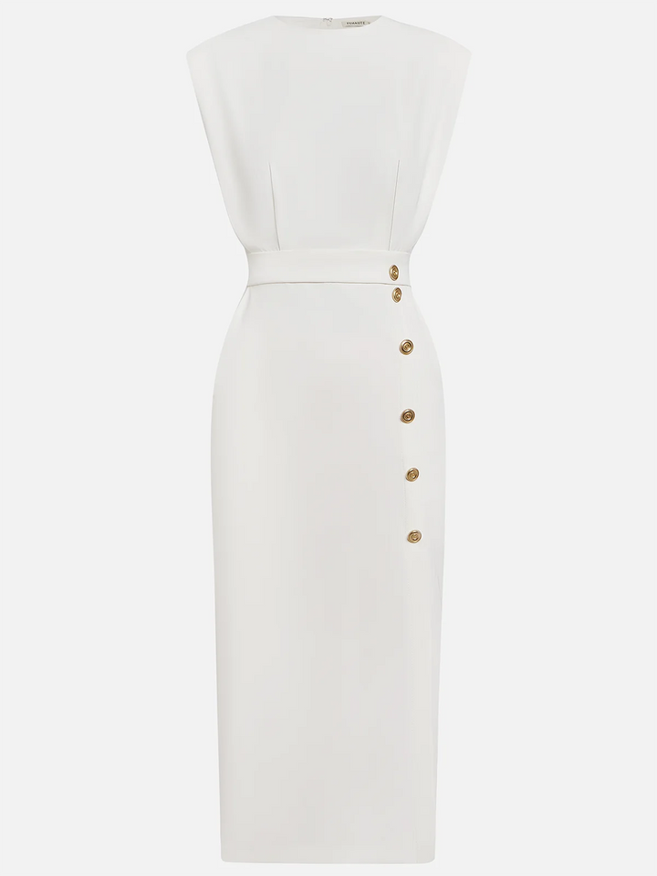  Female model wearing a refined dress with a flattering midi line on a plain background.