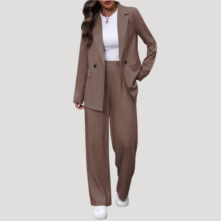 Cecilia | Women's Tailored Single-Button Double Breasted Blazer Trouser Suit Set — Brown