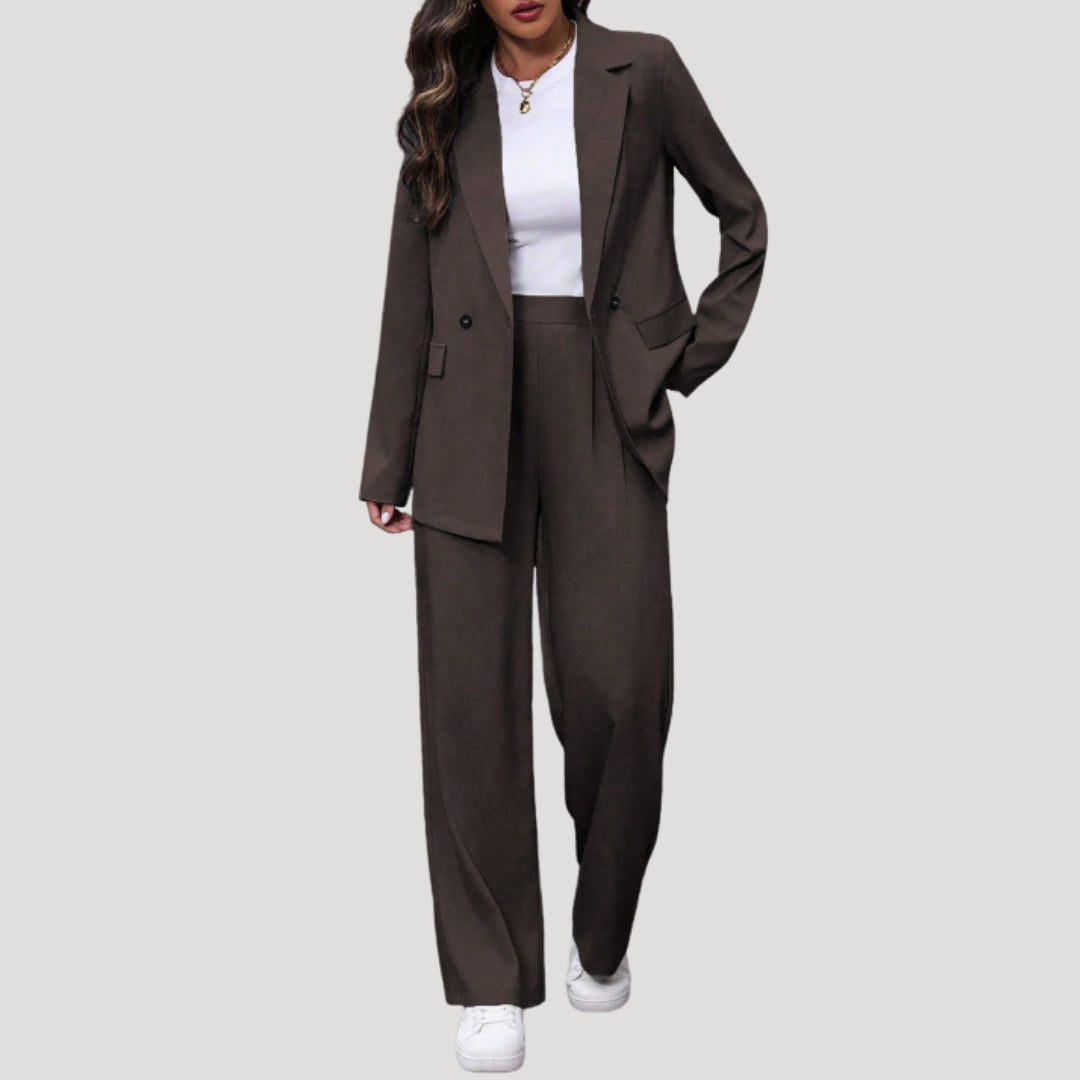 Cecilia | Women's Tailored Single-Button Double Breasted Blazer Trouser Suit Set — Burgundy
