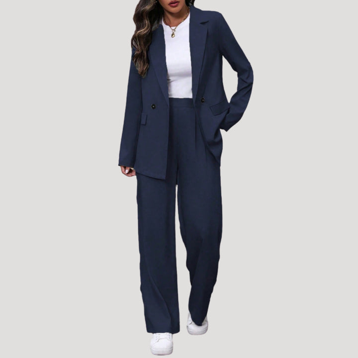 Cecilia | Women's Tailored Single-Button Double Breasted Blazer Trouser Suit Set — Navy Blue