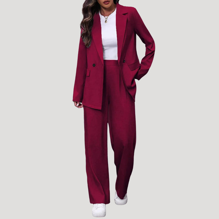 Cecilia | Women's Tailored Single-Button Double Breasted Blazer Trouser Suit Set — Wine Red