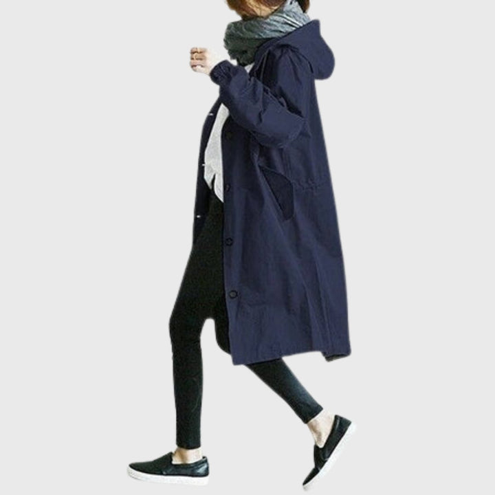 Ciramora | Women's Stylish and Water Resistant Long Hooded Trench Coat — Navy Blue