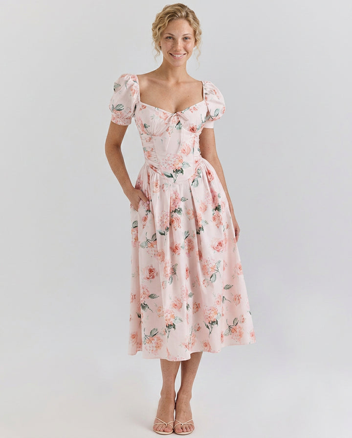 Clyara | Women's Wedding Guest Elegant Puff Sleeve Midi Dress with Corset Bodice Dresses — 1