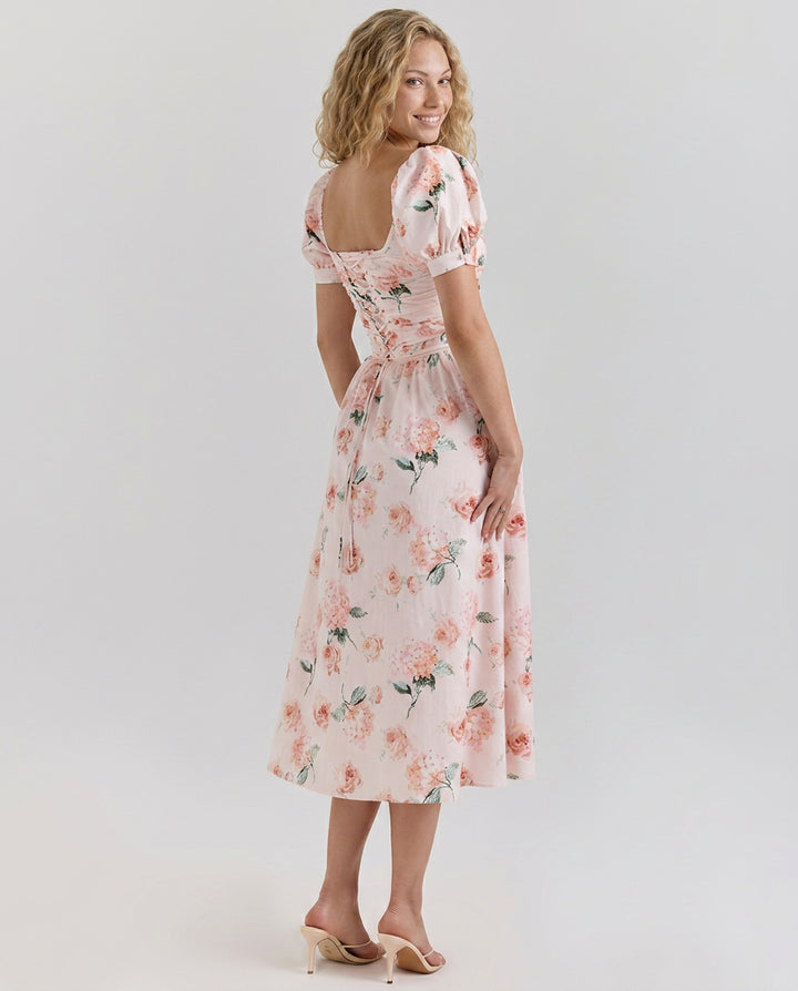 Clyara | Women's Wedding Guest Elegant Puff Sleeve Midi Dress with Corset Bodice Dresses — 2
