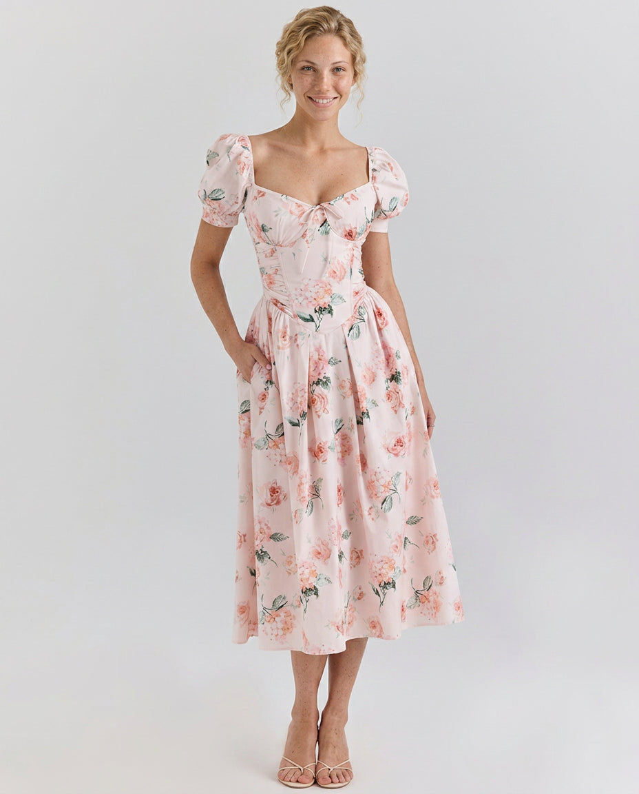 Clyara | Women's Wedding Guest Elegant Puff Sleeve Midi Dress with Corset Bodice Dresses — Light Pink