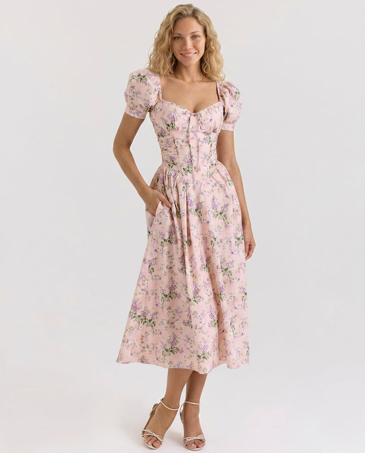 Clyara | Women's Wedding Guest Elegant Puff Sleeve Midi Dress with Corset Bodice Dresses — Pink