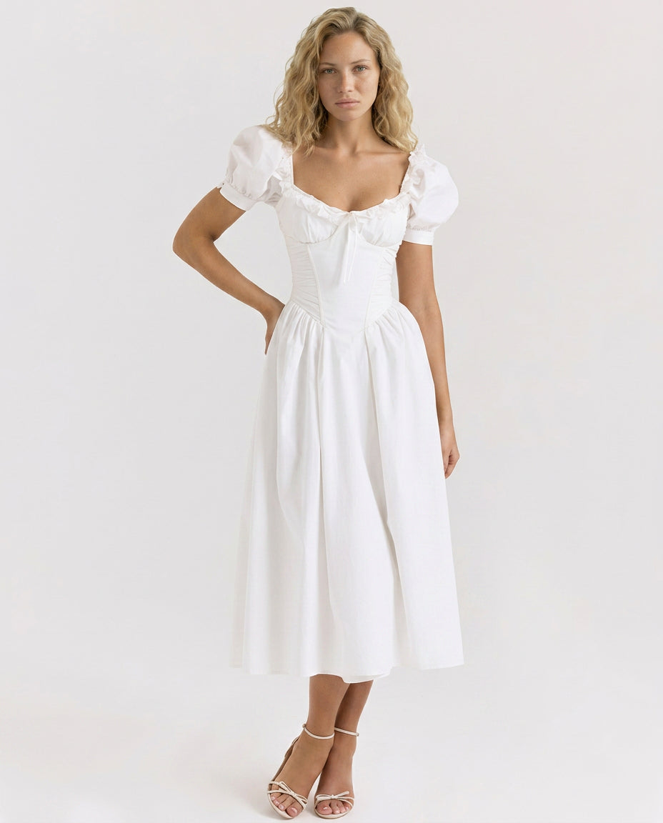 Clyara | Women's Wedding Guest Elegant Puff Sleeve Midi Dress with Corset Bodice Dresses — White
