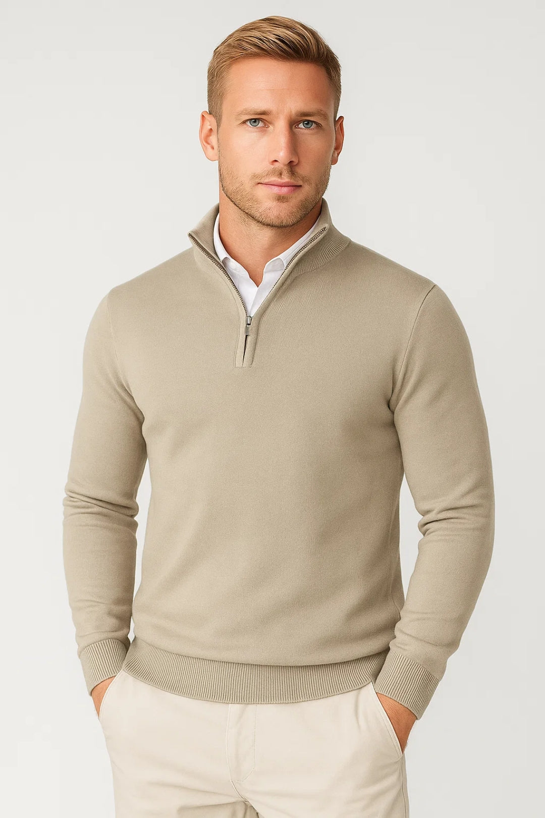 Clydora | Women's Cozy Modern And Versatile Half Zip High Neck Sweater — Beige