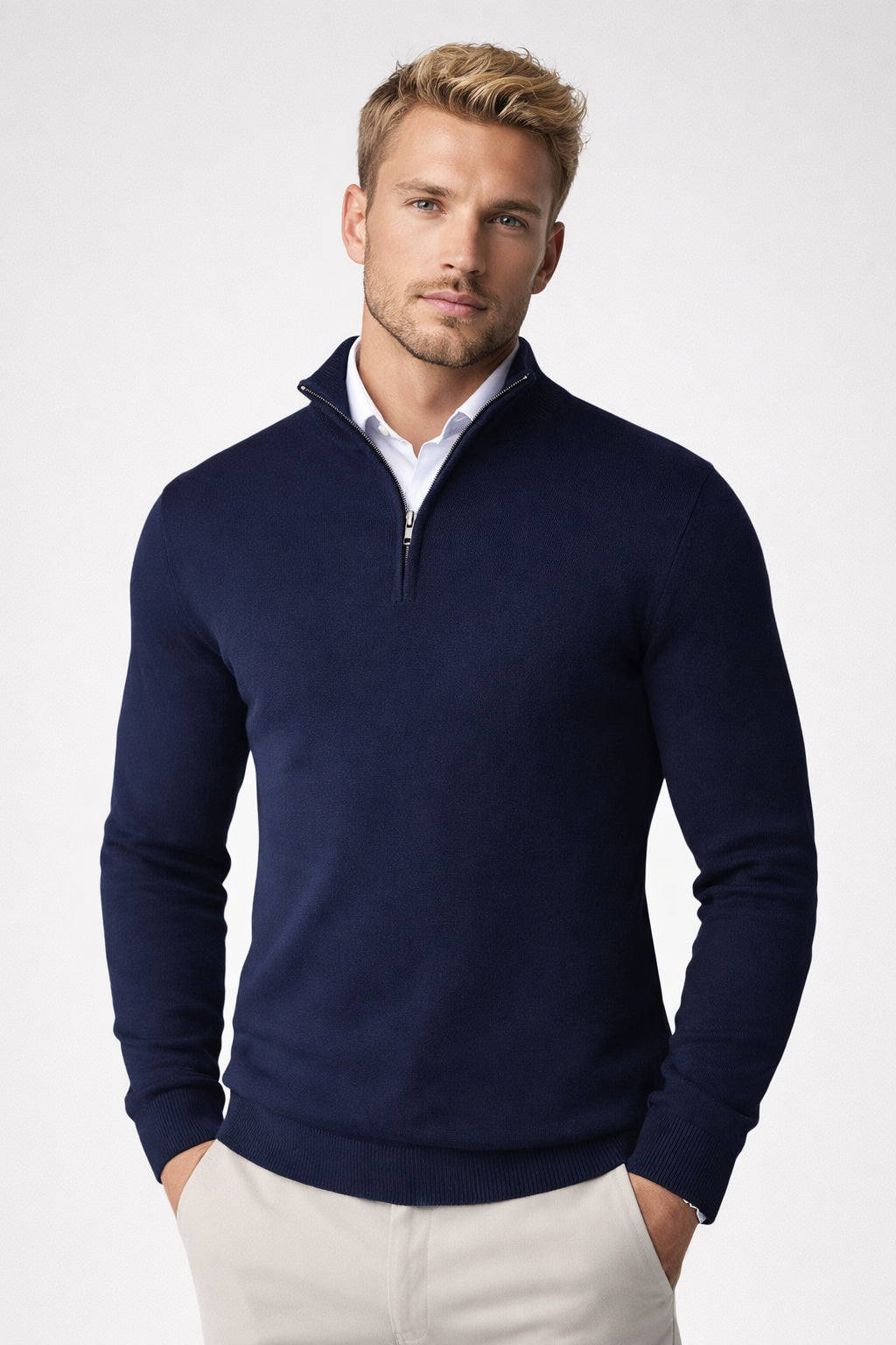 Clydora | Women's Cozy Modern And Versatile Half Zip High Neck Sweater — Blue
