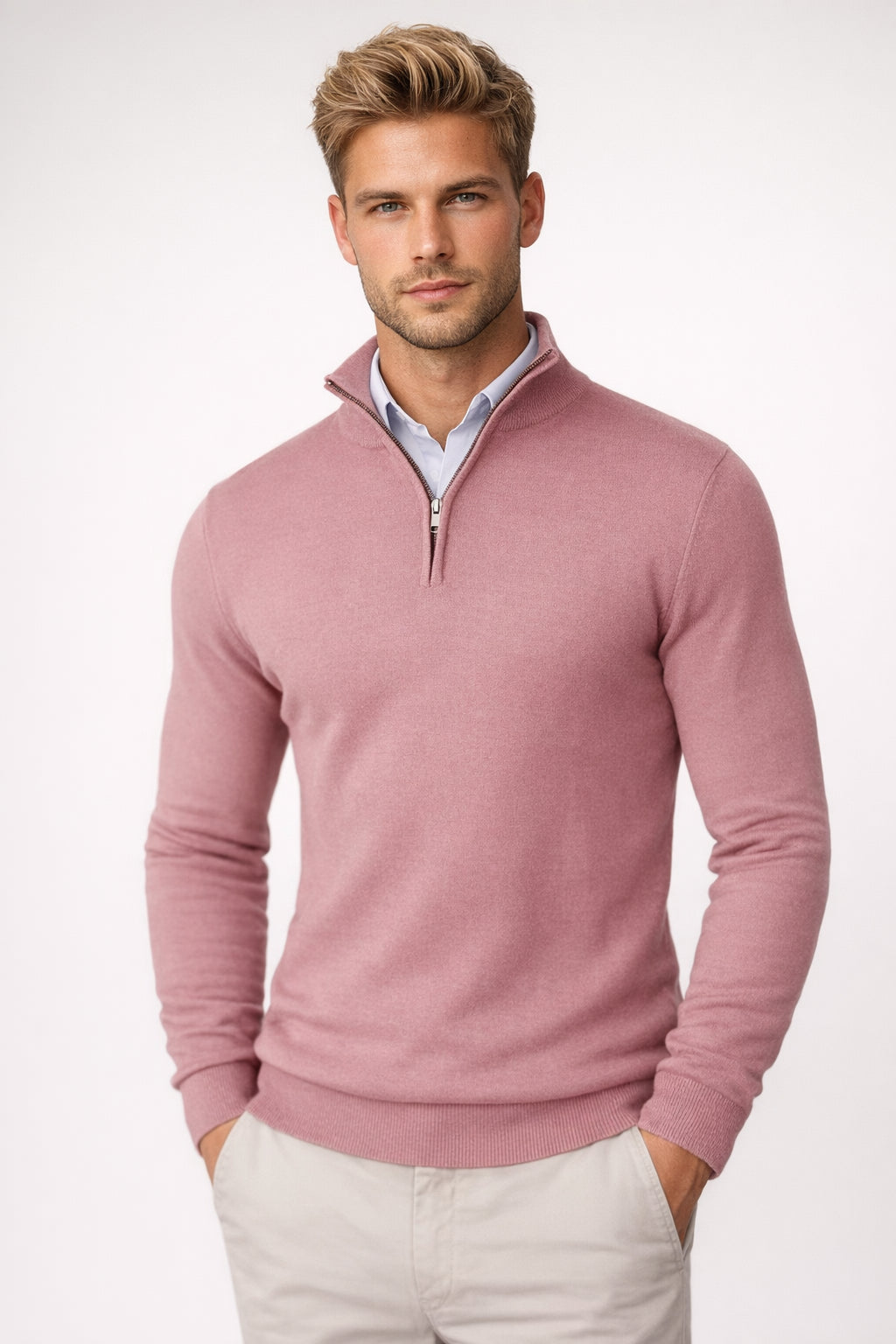Clydora | Women's Cozy Modern And Versatile Half Zip High Neck Sweater — Pink