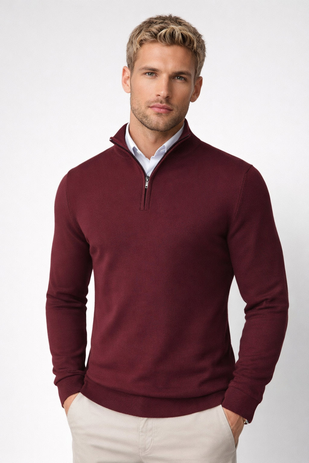Clydora | Women's Cozy Modern And Versatile Half Zip High Neck Sweater — Red