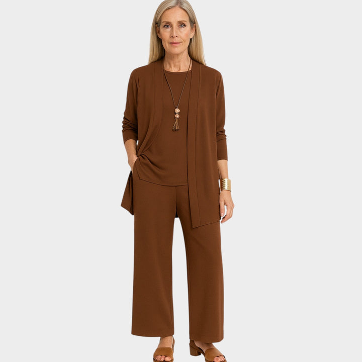 Clylyn | Women's Casual Stretch Suit Relaxed Coordinated Three Piece Set — Brown