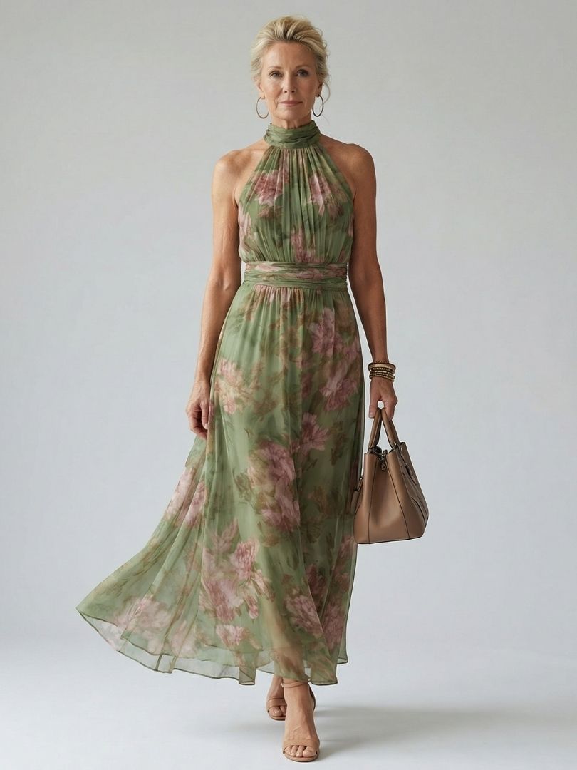 Female wearing a striped maxi dress on a plain background