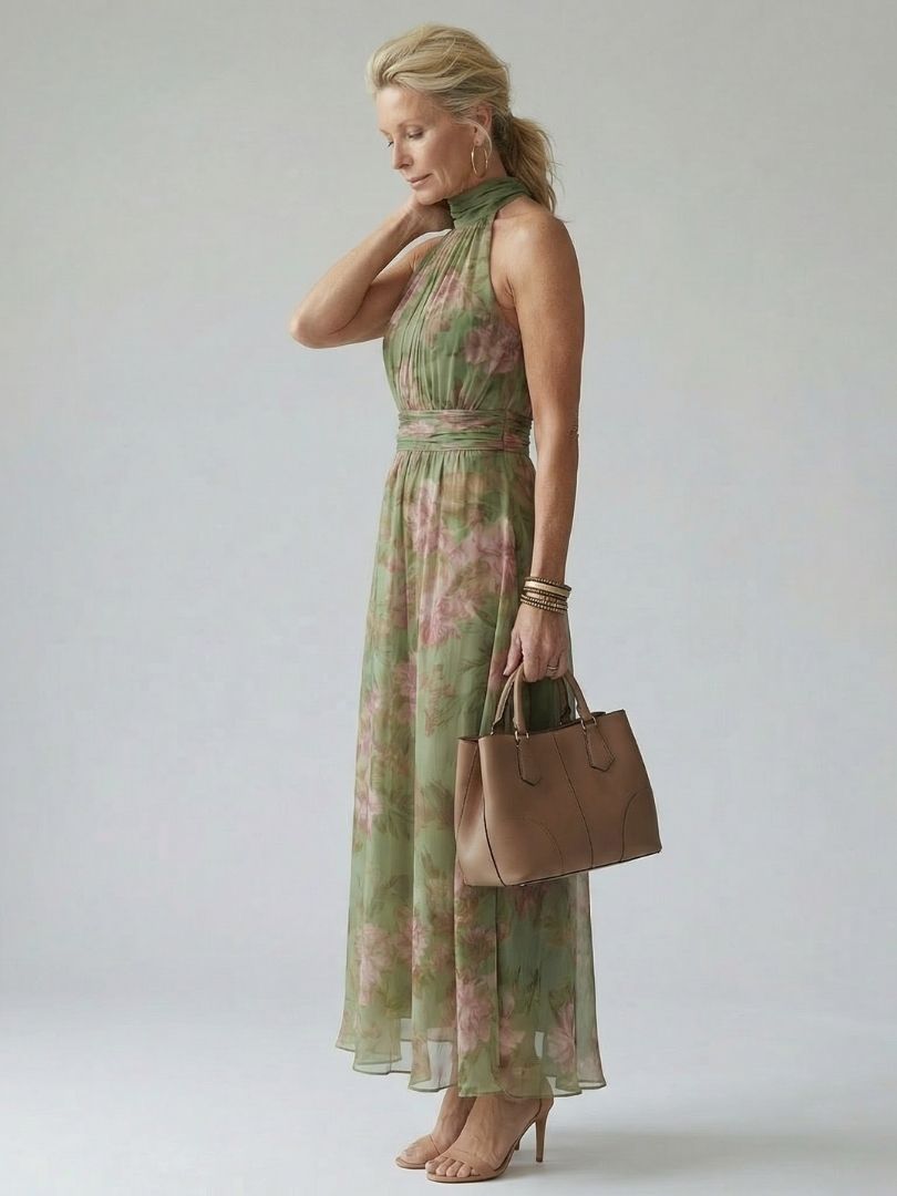 Full-length striped dress displayed on a female model with plain background