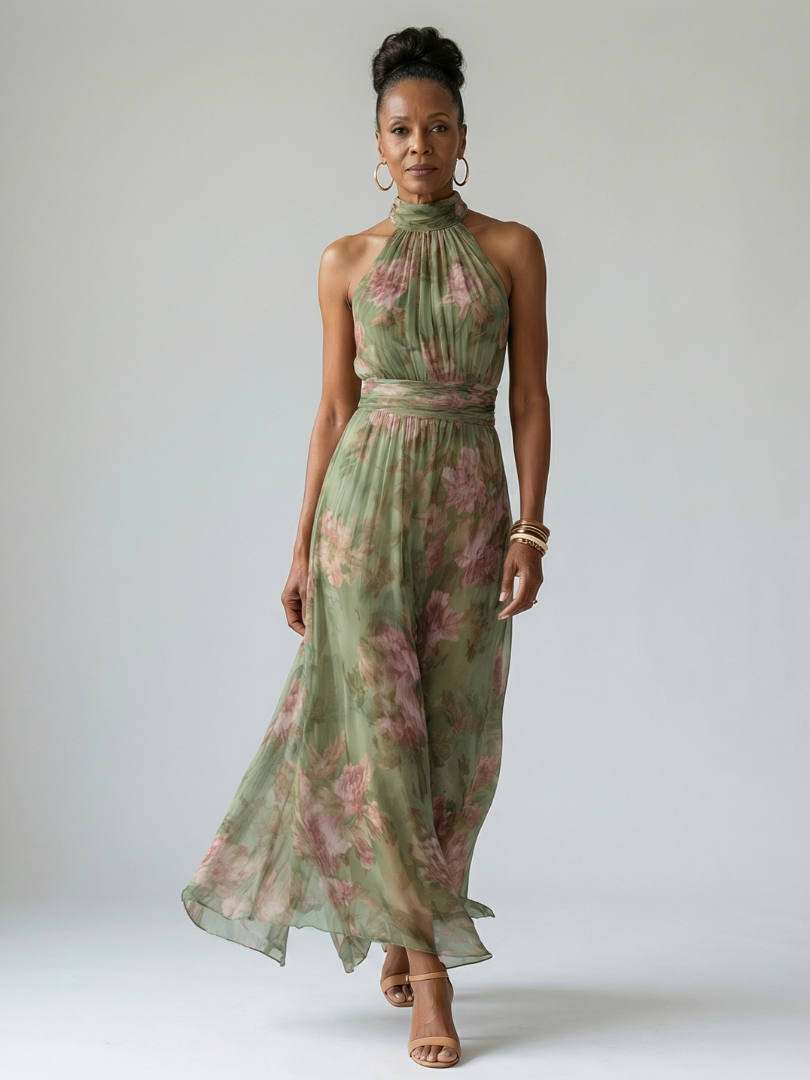 Female model wearing a relaxed striped maxi dress on plain background