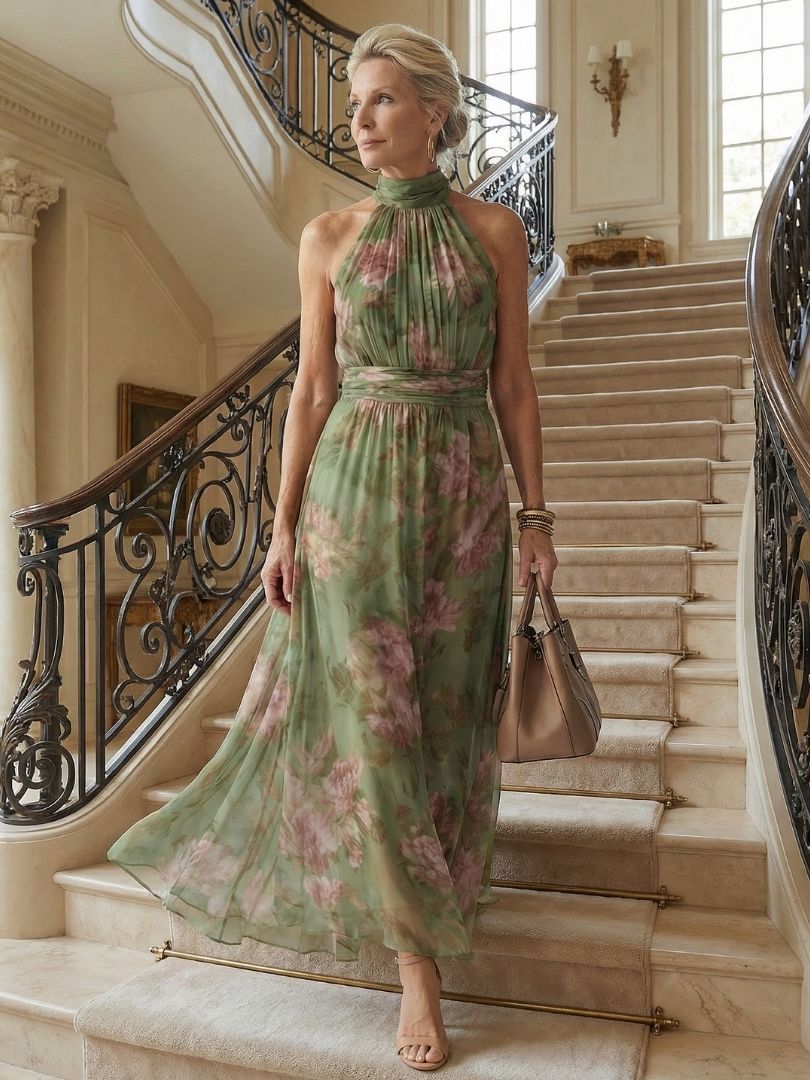 Long striped casual dress styled on a woman against staircase