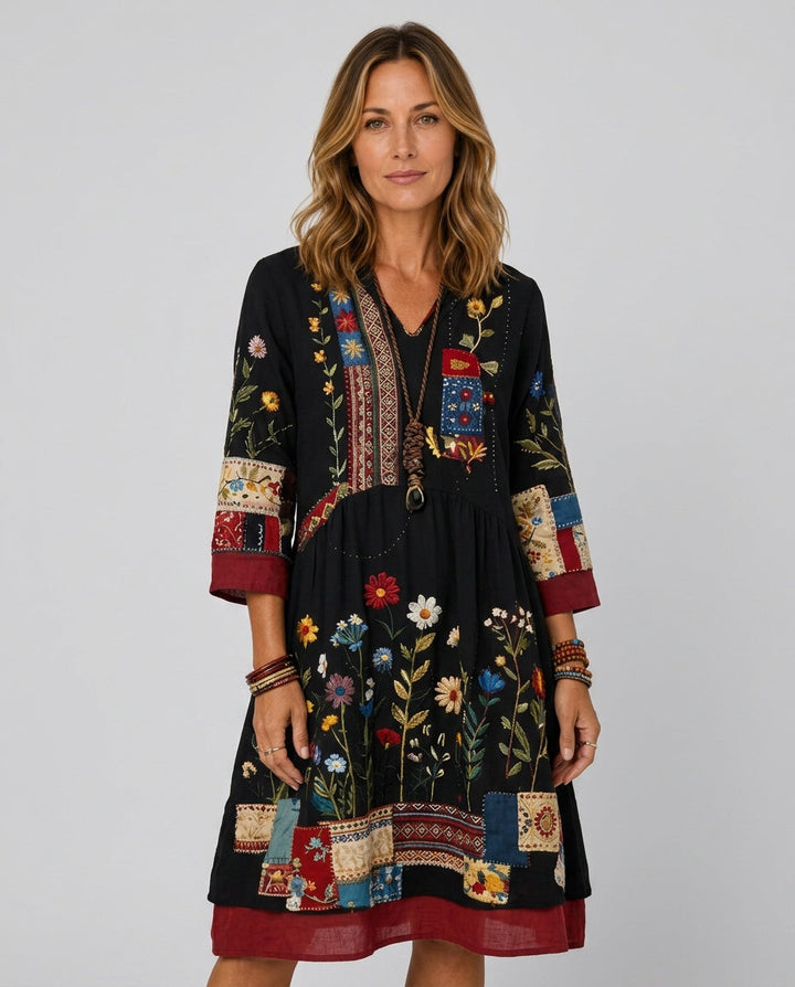 Coraana | Women's Elegant Embroidered Panel Long Sleeve Midi Dress — Black