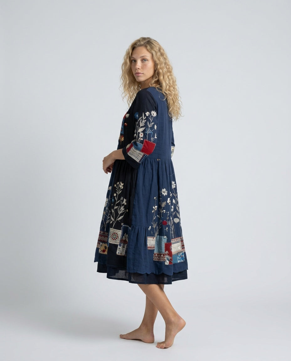 Coraana | Women's Elegant Embroidered Panel Long Sleeve Midi Dress — 2
