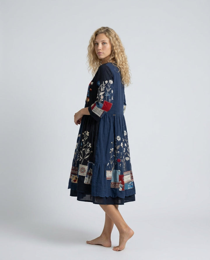 Coraana | Women's Elegant Embroidered Panel Long Sleeve Midi Dress — 2