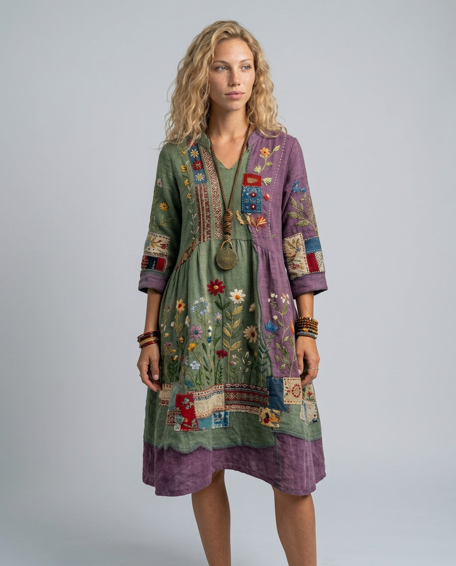 Coraana | Women's Elegant Embroidered Panel Long Sleeve Midi Dress — Green