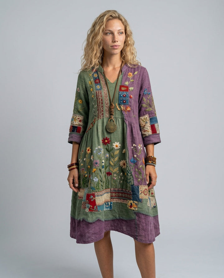 Coraana | Women's Elegant Embroidered Panel Long Sleeve Midi Dress — Green