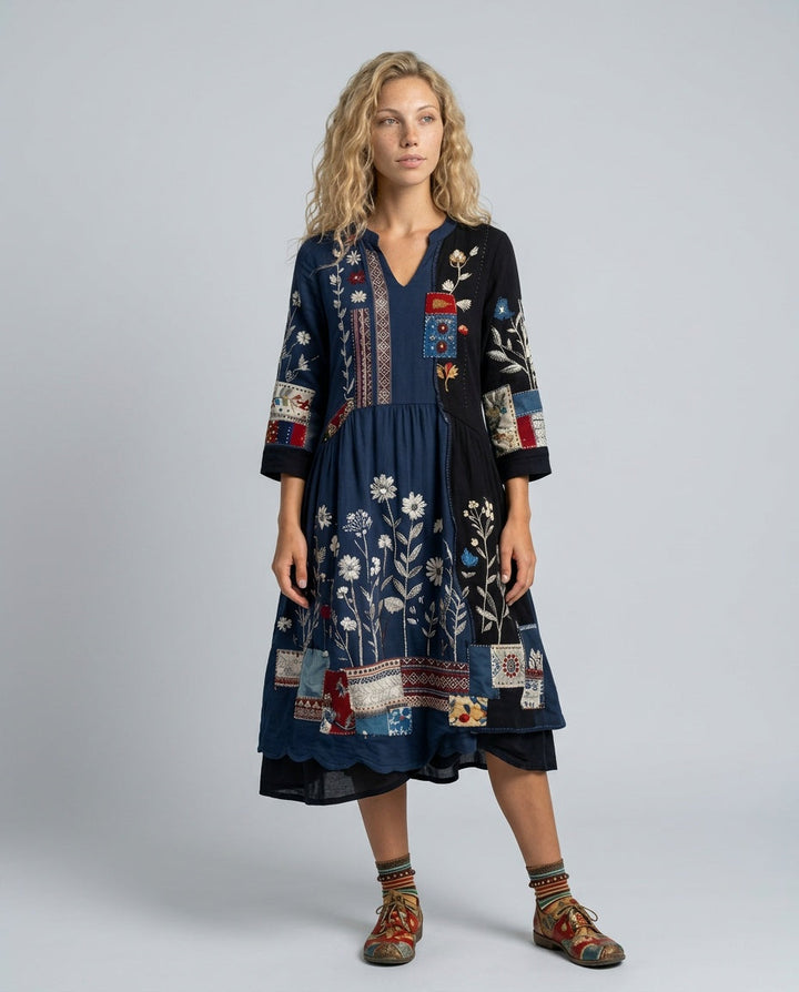 Coraana | Women's Elegant Embroidered Panel Long Sleeve Midi Dress — Navy