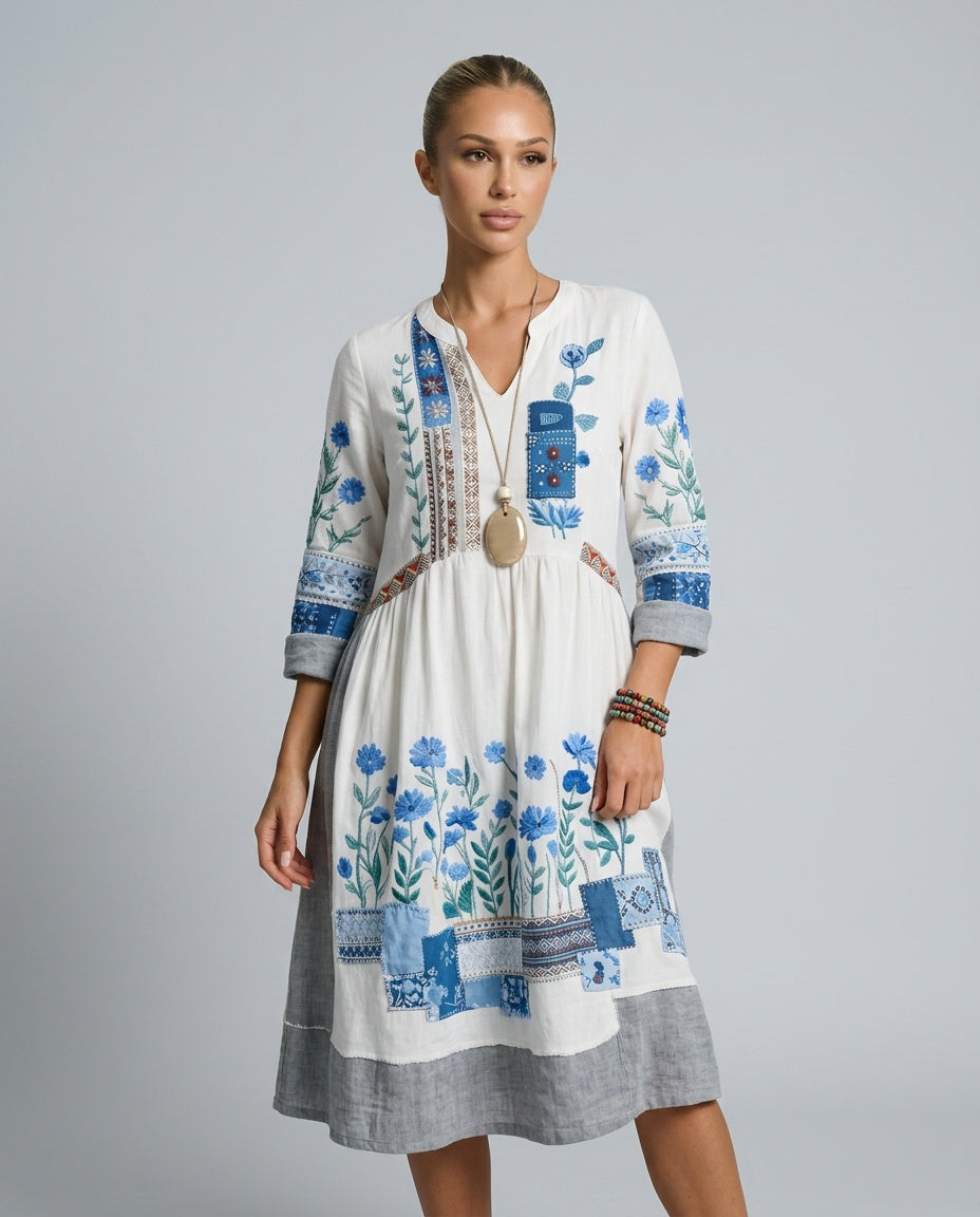 Coraana | Women's Elegant Embroidered Panel Long Sleeve Midi Dress — White