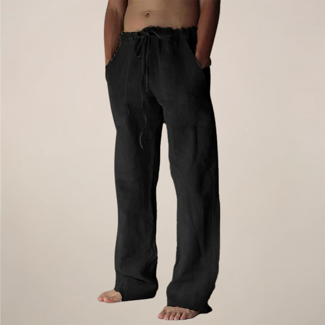 Cornelius | Men's Men’s Linen Drawstring Wide-Leg Loose Trousers Pants — Black