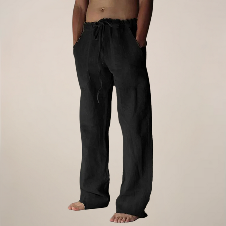 Cornelius | Men's Men’s Linen Drawstring Wide-Leg Loose Trousers Pants — Black