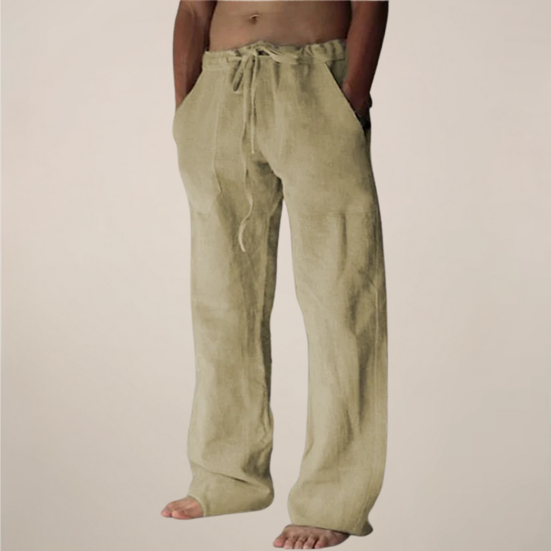 Cornelius | Men's Men’s Linen Drawstring Wide-Leg Loose Trousers Pants — Khaki
