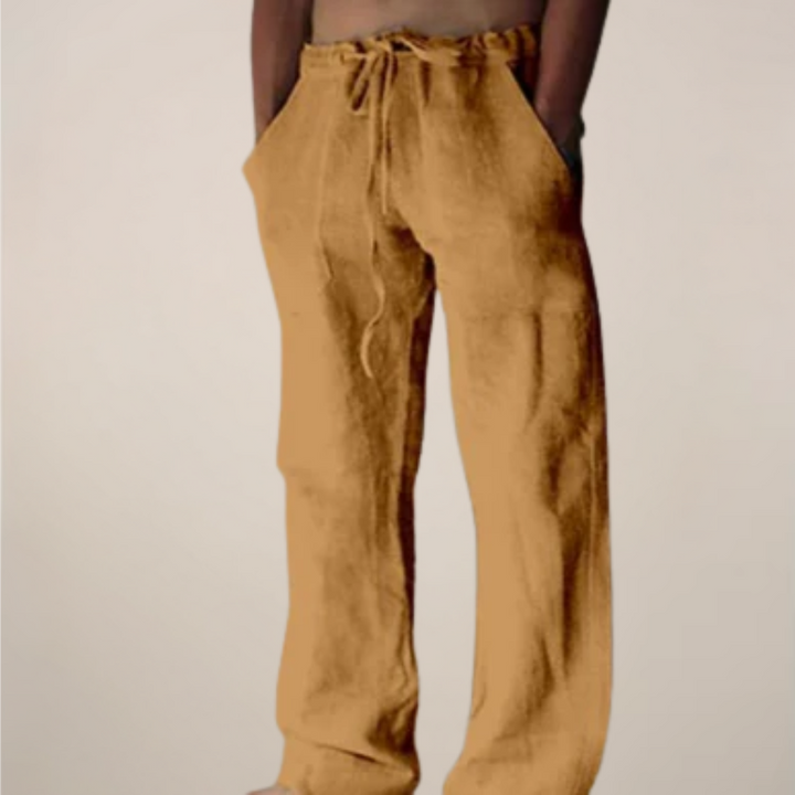 Cornelius | Men's Men’s Linen Drawstring Wide-Leg Loose Trousers Pants — light brown