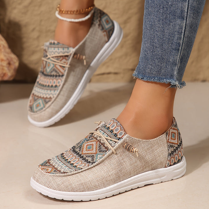 Top view cushioned sneakers with bohemian patterned upper