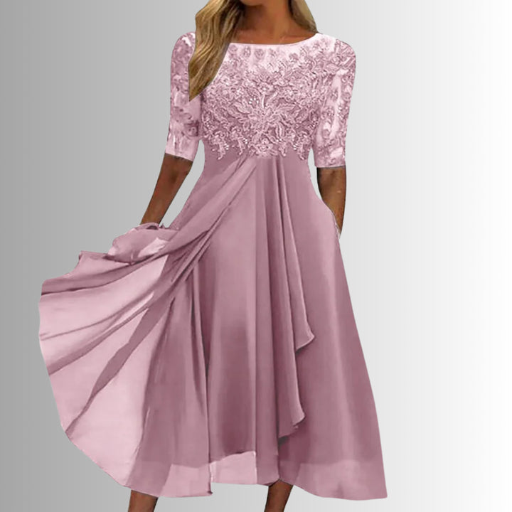 Dahlstine | Women's Wedding Guest Elegant Lace Bodice Midi Dress with Sheer Sleeves Dresses — 2
