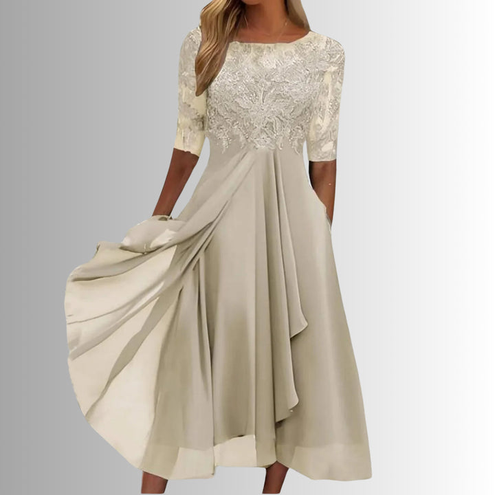 Dahlstine | Women's Wedding Guest Elegant Lace Bodice Midi Dress with Sheer Sleeves Dresses — Cream
