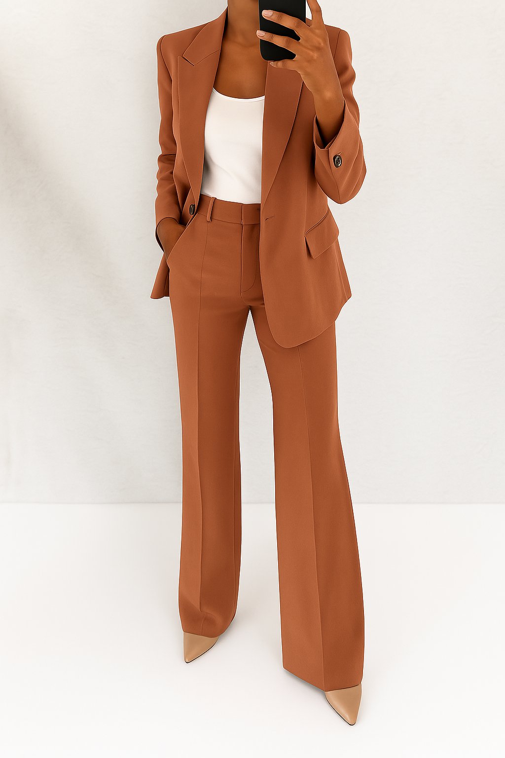 Female wearing a structured oversized blazer with trousers on a plain background.
