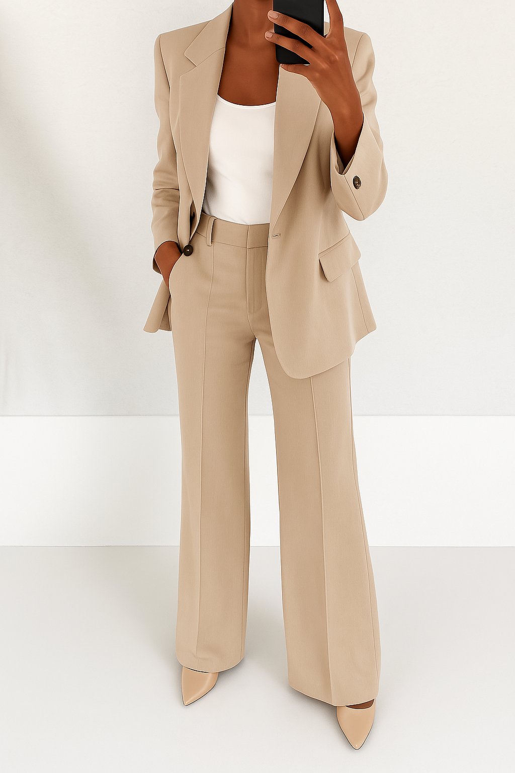 Woman in a modern two-piece blazer outfit standing on a plain background.