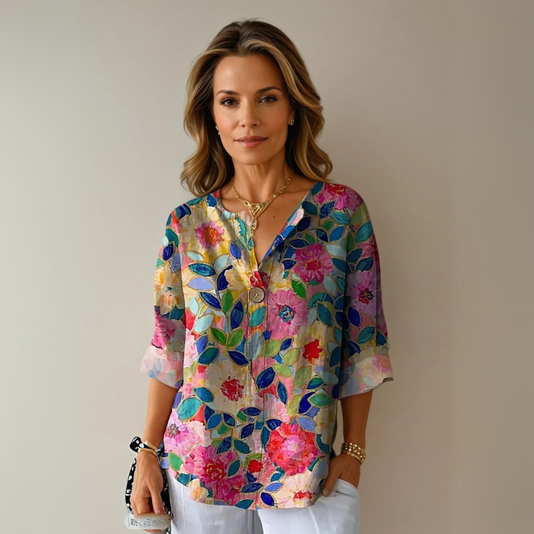 Daphnia | Women's Linen Casual Floral 3/4 Sleeve Blouse — Blue
