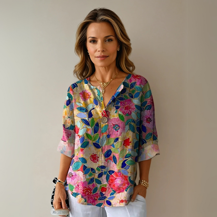 Daphnia | Women's Linen Casual Floral 3/4 Sleeve Blouse — Blue