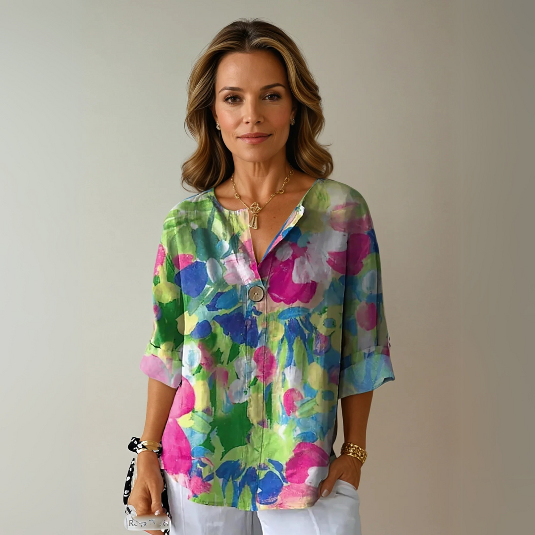 Daphnia | Women's Linen Casual Floral 3/4 Sleeve Blouse — Green