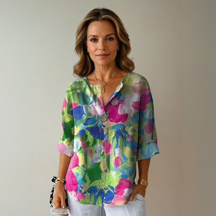 Daphnia | Women's Linen Casual Floral 3/4 Sleeve Blouse — Green