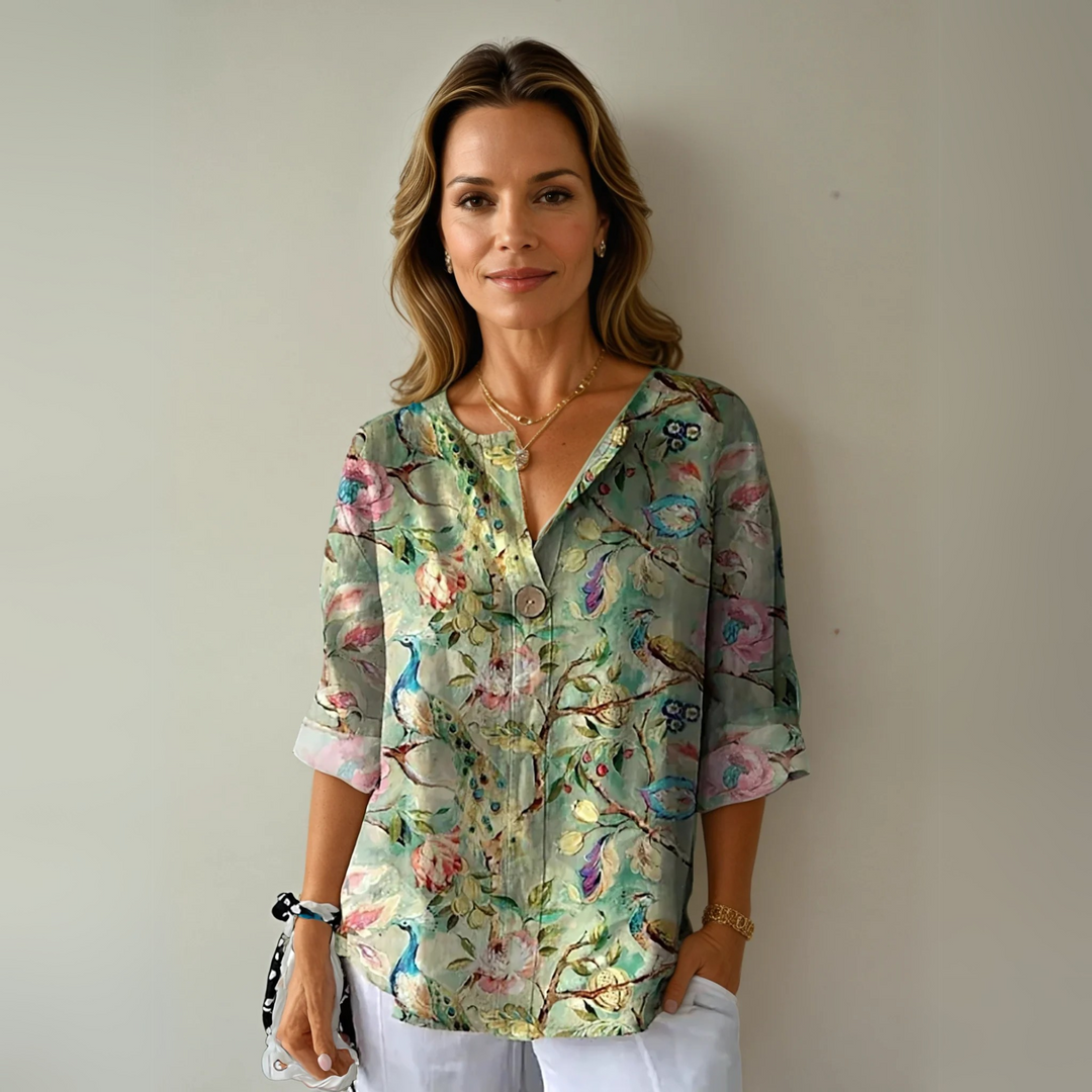 Daphnia | Women's Linen Casual Floral 3/4 Sleeve Blouse — Red