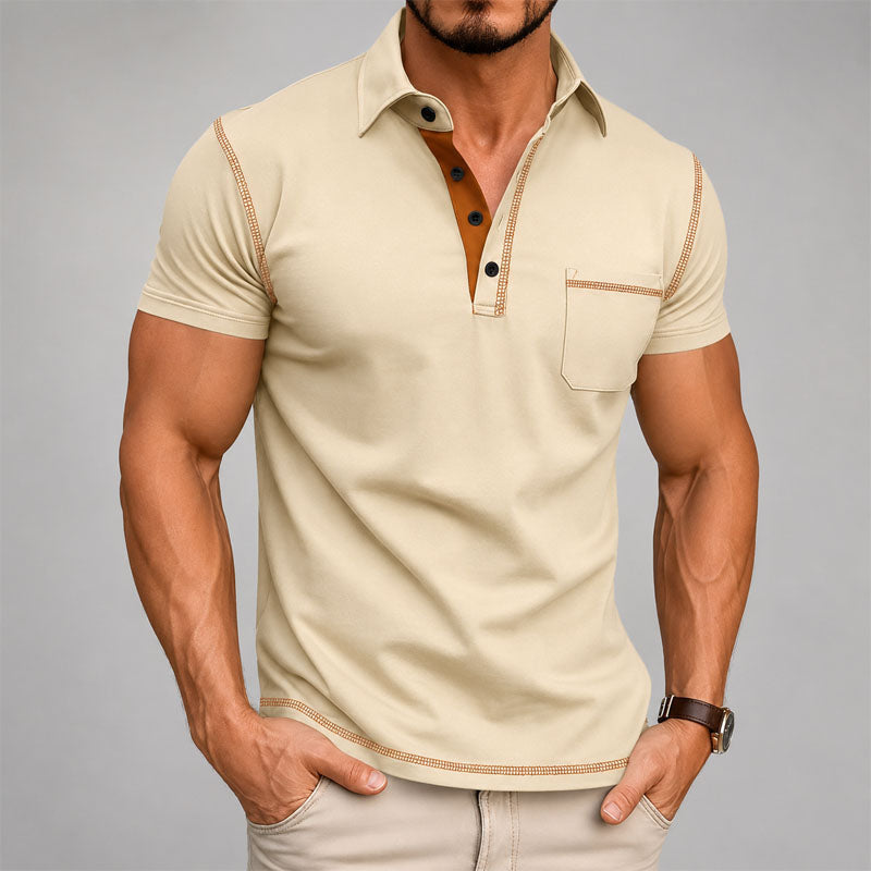 Dashiell | Men's Button-Up Casual Contrast Trim Polo Shirt — Khaki