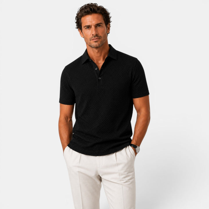  Model wearing a lightweight polo shirt against a plain background.