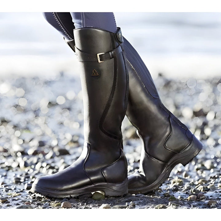 Delanthe | Women's Leather Knee High Riding Boots with Buckle Strap for — Black