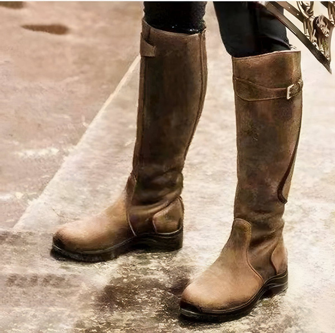 Delanthe | Women's Leather Knee High Riding Boots with Buckle Strap for — Brown