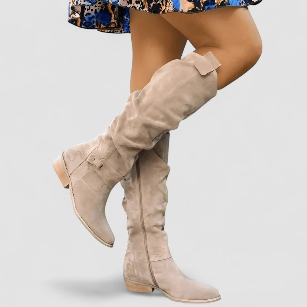 Deldessa | Women's Knee-High Slouch Boots — Beige