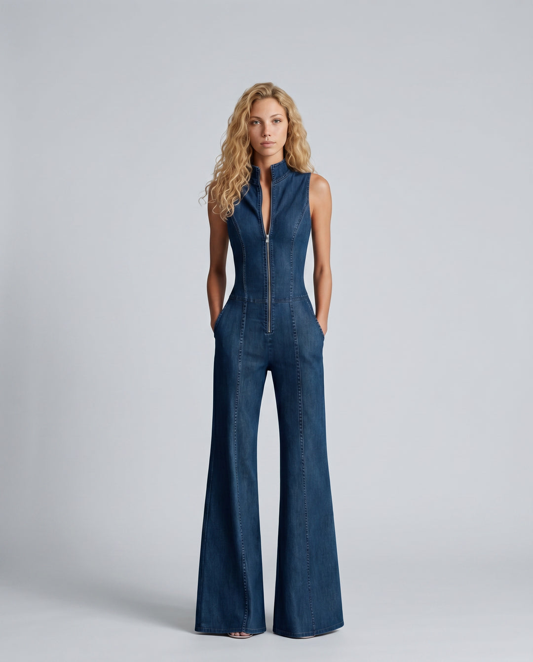 Delora | Women's Wide-Leg Elegant Sleeveless Denim Flared Jumpsuit — Blue