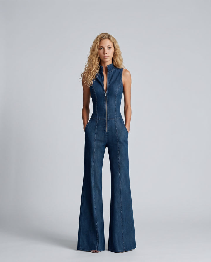 Delora | Women's Wide-Leg Elegant Sleeveless Denim Flared Jumpsuit — Blue