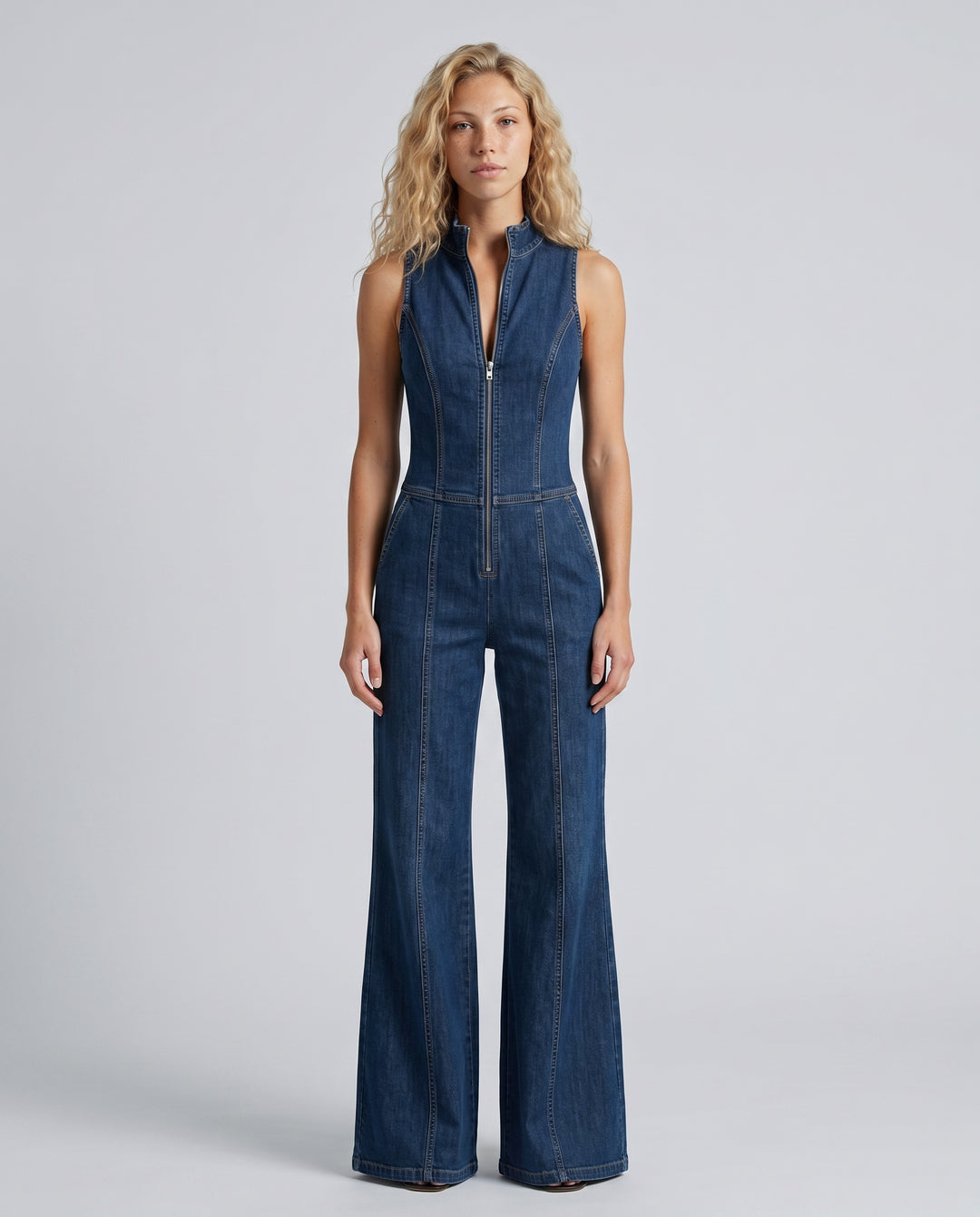Delora | Women's Wide-Leg Elegant Sleeveless Denim Flared Jumpsuit — 1
